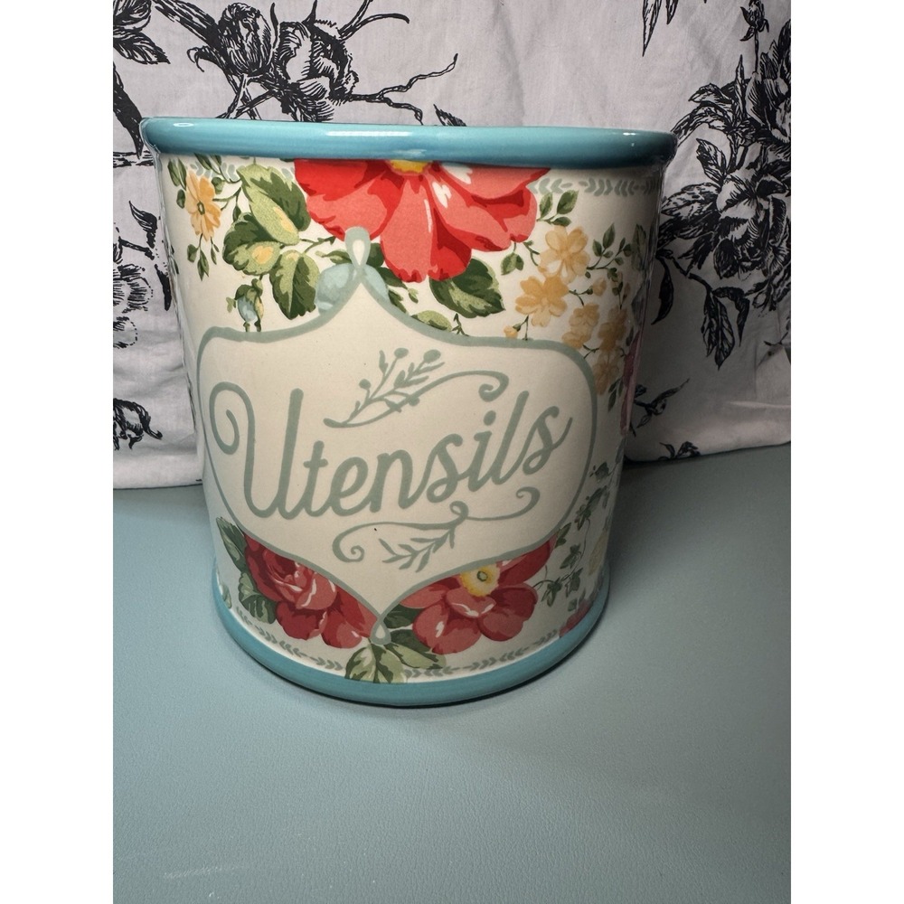 The Pioneer Woman Aqua Blue Red Floral Print Utensil Holder Stoneware Large